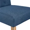 Close-up of a blue upholstered chair seat and a wooden leg. Produktbild-Vorschau