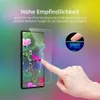 A hand is shown touching a smartphone screen, with a protective film applied. The background is a colorful gradient. Produktbild-Vorschau