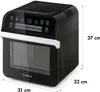 A black air fryer oven with dimensions indicated by dashed lines and text. Produktbild-Vorschau