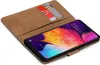 A brown book-style phone case with two cards inserted, open to reveal a smartphone with a colorful wallpaper. Produktbild-Vorschau
