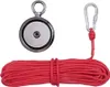 A magnet fishing kit with a round neodymium magnet and a red rope, laid out on a white background. Produktbild-Vorschau