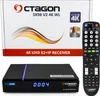 A product shot of a satellite receiver and its remote control, along with its packaging box. Produktbild-Vorschau
