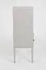 A rear view of a light gray upholstered dining chair with wooden legs against a white background. Voir les images du produit