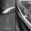 A split image showing close-ups of a grey duvet cover and pillowcase with a white zipper, along with icons and text describing product features. Produktbild-Vorschau