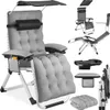 A collage of images showing a gray reclining chair with a canopy, its various components, and folded state. Náhled obrázku produktu