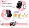 A pink smartwatch with various informational graphics and text. Produktbild-Vorschau