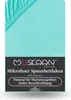 A close-up of a folded aqua-colored fitted sheet, with a black label showing brand name and product details. Produktbild-Vorschau