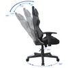 A black gaming chair is shown from the side, with multiple ghosted images indicating different reclining angles and a circular arrow indicating 360-degree rotation. Produktbild-Vorschau