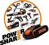 A collage of WORX power tools arranged in a circle, with a battery pack in the foreground. Produktbild-Vorschau