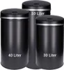Three black automatic trash cans of different sizes are displayed side-by-side against a white background. Produktbild-Vorschau
