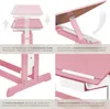 A collage of images showing the features and construction of a pink wooden desk. Produktbild-Vorschau