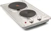 A top-down view of a stainless steel electric double burner hot plate. Podgląd zdjęcia produktu
