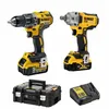 A set of DeWALT power tools including a drill, an impact wrench, two batteries, a charger, and a storage case, displayed against a white background. Produktbild-Vorschau