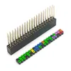 A black 40-pin GPIO stacking header for a Raspberry Pi is shown next to a row of colorful jumper caps. Produktbild-Vorschau
