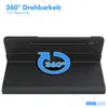 A black tablet case shown from the back, propped up to stand, with a 360-degree rotation graphic overlaid. Produktbild-Vorschau