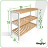 A three-tiered bamboo shoe rack with dimensions indicated by measurement lines and numbers. Podgląd zdjęcia produktu