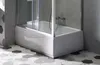 A modern bathroom with a bathtub and shower enclosure, featuring hexagonal floor tiles and grey tiled walls. Produktbild-Vorschau