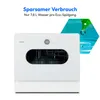 A white compact dishwasher with a digital display and a hexagonal graphic showing a water droplet falling into water. Produktbild-Vorschau