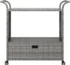 A grey rattan bar cart with a drawer and two shelves, presented on a white background. Náhled obrázku produktu