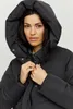 Close-up of a woman wearing a black puffer coat with the hood up. Produktbild-Vorschau