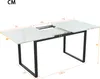 A white marble-effect extendable dining table with black metal legs, shown with dimensions indicated. Náhled obrázku produktu
