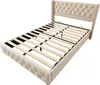 A beige upholstered bed frame with a slatted base, shown from a high angle. Voir les images du produit