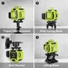 A collage of four images showing a green laser level with different mounting accessories. Produktbild-Vorschau