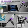 Collage showing a compressed air duster being used to clean electronics, including a laptop, camera, and computer. Produktbild-Vorschau