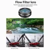 A collage of images demonstrating the use and effect of a flow filter lens for phone cameras, including a close-up of the lens, a landscape shot of a river with motion blur, and two comparative shots of a car on a bridge, one with normal phone camera and o Náhľad obrázku produktu
