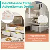 A collage of images showcasing a white bunk bed with storage features, including drawers and a cabinet in the stairs. Náhled obrázku produktu