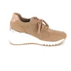 A side view of a single beige sneaker with a white wedge sole, set against a white background. Produktbild-Vorschau