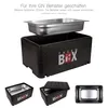 A thermal box with a metal container being placed inside, shown from multiple angles. Produktbild-Vorschau