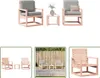 A collage of images showing a wooden garden lounge set with gray cushions, presented in different arrangements and settings. Produktbild-Vorschau