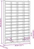 A line drawing of a wall-mounted display shelf with many compartments, with dimensions indicated by purple lines and text. Produktbild-Vorschau