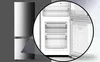 A close-up view of the interior of a refrigerator, showing transparent drawers and the inside of the freezer door. Produktbild-Vorschau