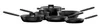 A set of black cookware, including pots and pans, is arranged against a white background. Podgląd zdjęcia produktu