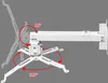 A white projector mount is shown against a gray background, with red arrows indicating its adjustable angles. Produktbild-Vorschau