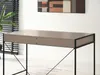 A close-up view of a modern desk with a beige top and black metal legs, set against a neutral background with blinds and artwork visible. Voir les images du produit