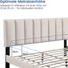 Close-up of a bed frame headboard and mattress support, with text and dashed lines indicating optimal mattress height. Produktbild-Vorschau