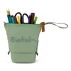 A light green pencil case filled with pens, pencils, and scissors, standing upright on a white background. Produktbild-Vorschau