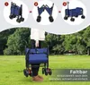 A person is holding a folded blue wagon in a grassy park with trees in the background. The top part of the image shows three steps of how to fold and unfold the wagon. Produktbild-Vorschau