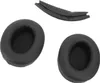 Three black headphone accessories are laid out on a white background. Two are circular ear pads, and one is a padded headband cover. Podgląd zdjęcia produktu
