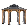 A wooden gazebo with a black roof and gray curtains, shown from the front on a white background. Náhled obrázku produktu