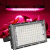 A close-up of a white LED floodlight with a pink grow light bar in the background, illuminating some plants. Produktbild-Vorschau