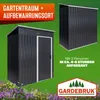 A marketing image for a garden shed, showing two different views of the shed and text highlighting features and brand. Anteprima dell’immagine prodotto
