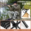 A hunter sitting on a portable stool in a forest setting, with close-up shots of the stool's components. Produktbild-Vorschau