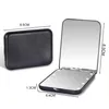 A black compact mirror with LED lights is shown open and closed, with dimensions indicated by measurement lines and text. Produktbild-Vorschau
