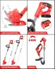 Collage of images showing features of a red and black cordless grass trimmer. Produktbild-Vorschau