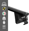 A black roof rack is shown against a white background, with various icons and text on the left side indicating product features and certifications. Anteprima dell’immagine prodotto