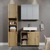 A modern bathroom vanity set with a tall cabinet, a sink, and a lower cabinet. Produktbild-Vorschau
